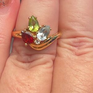 3 Stone Past Present Future 3 Gem Ring, Peridot, aqua marine and Garnet